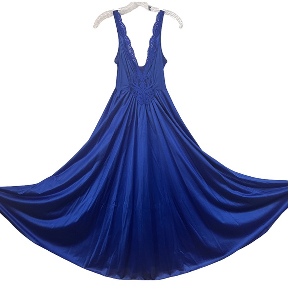 Olga Cobalt Blue Lingerie Set Negligee Full Sweep Nightgown Robe Lace Vtg 80s - Picture 13 of 16